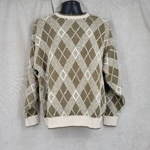 Trader Bay Vintage Argyle Knit Cotton Sweater Crewneck Sage Off White Men's L